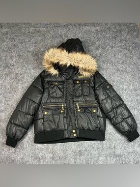 Vintage Apple Bottoms Puffer Jacket Fur Hood Rhinestone Logo Y2K Coat Black